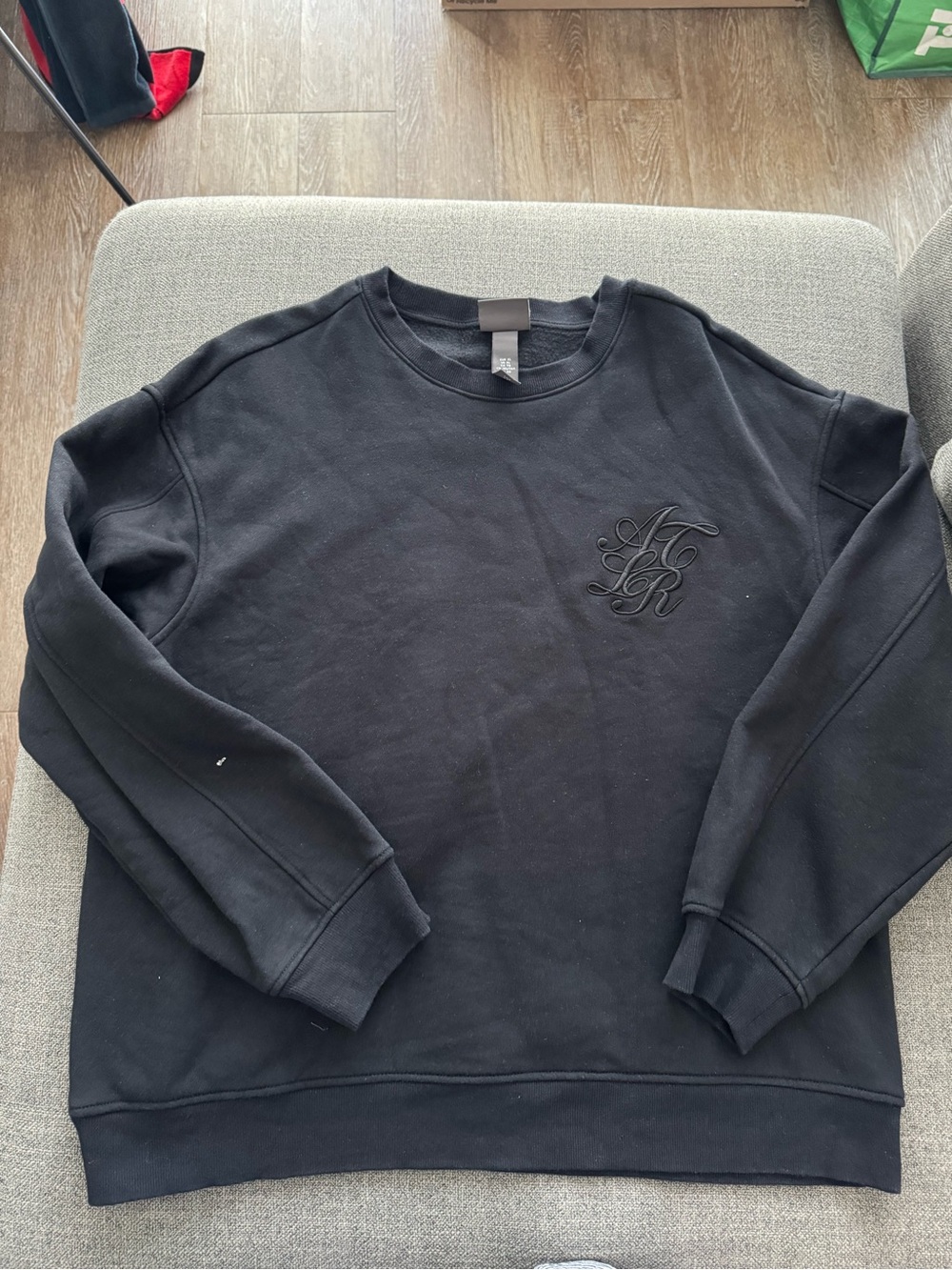 H&M Black Crewneck Sweatshirt with Tonal Embroidery